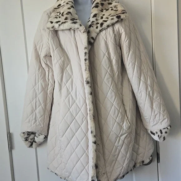 NEW Reversible 2 In 1 Dennis Basso Leopard Print Teddy / Quilted Cream Jacket - Picture 4 of 6